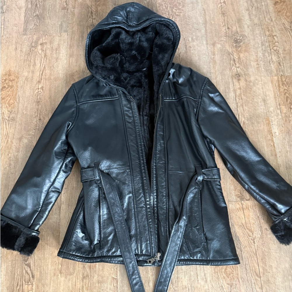 Women's Black Leather Hooded Jacket